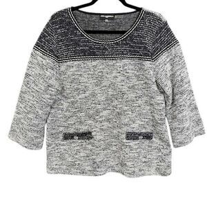 Karl Lagerfeld Tweed Knit Top Black and White Front Pocket Button Detail Large